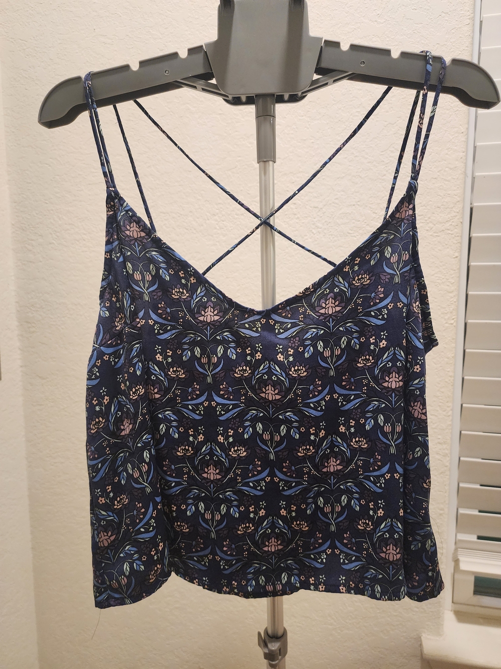 Aeropostale Navy Floral Spaghetti-Strap Cami with Crisscross Back